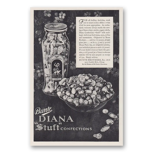 1930 Bunte Mi Choice Chocolates Diana Stuft Confections Holiday Festivities Vintage Magazine Print Ad