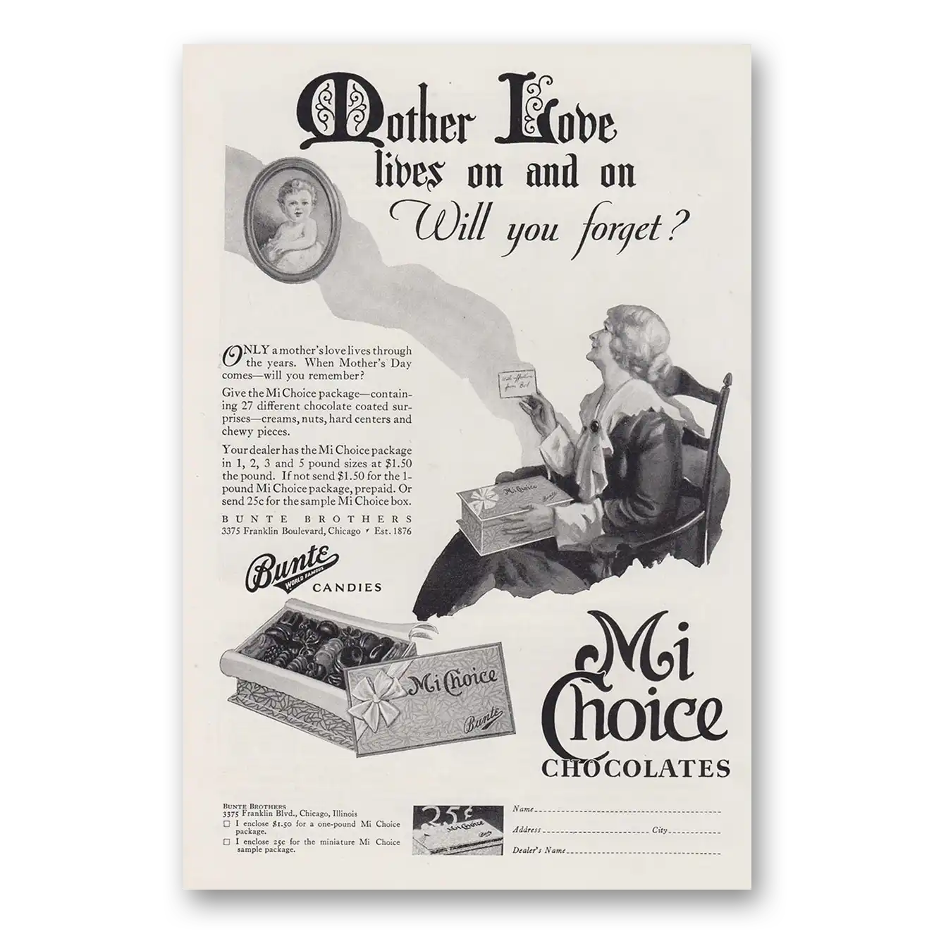 1930 Bunte Mi Choice Chocolates Mother Love Lives On and On Vintage Magazine Print Ad