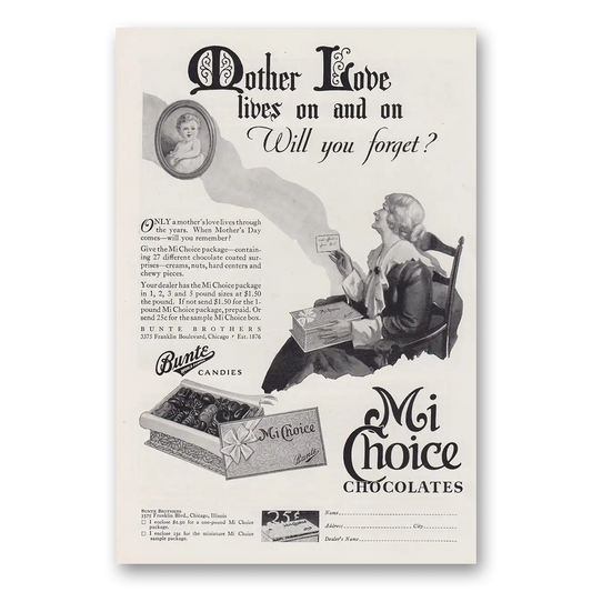 1930 Bunte Mi Choice Chocolates Mother Love Lives On and On Vintage Magazine Print Ad