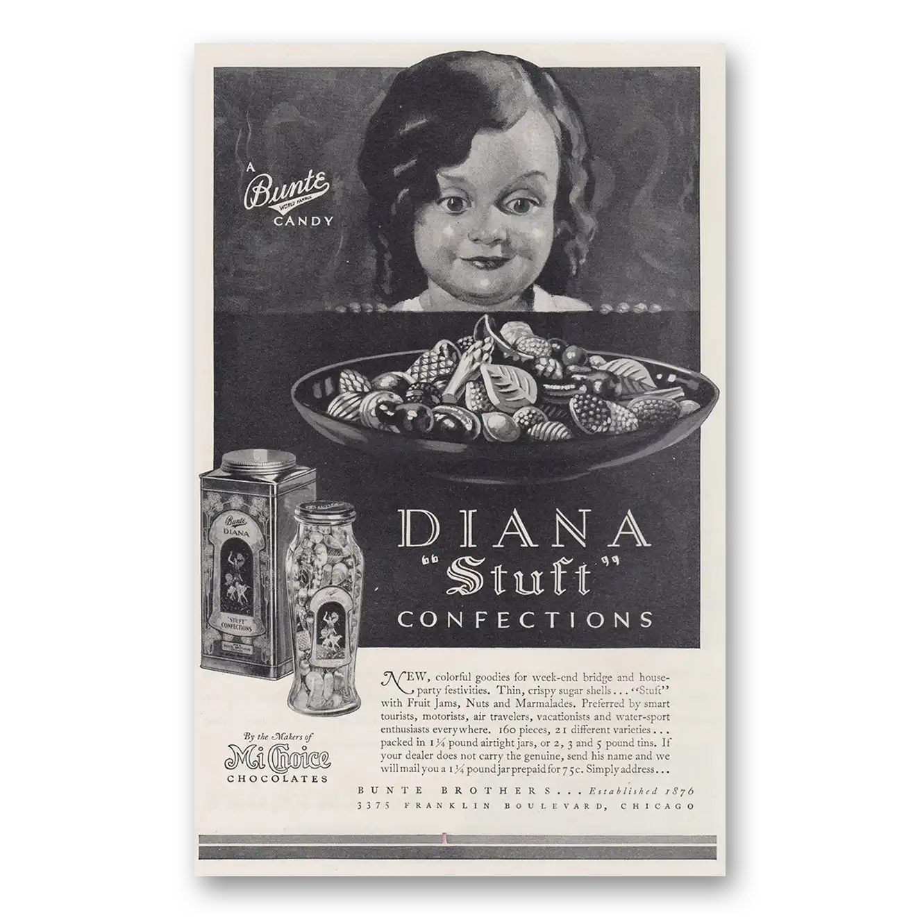 1930 Bunte Mi Choice Chocolates Diana Stuft Confections Vintage Magazine Print Ad