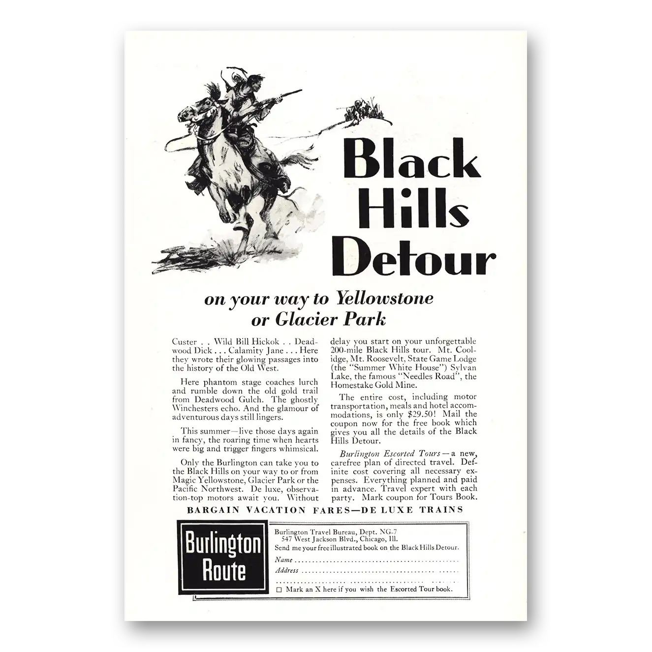 1930 Burlington Route Black Hills Detour Vintage Magazine Print Ad