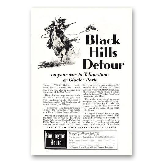 1930 Burlington Route Black Hills Detour Vintage Magazine Print Ad