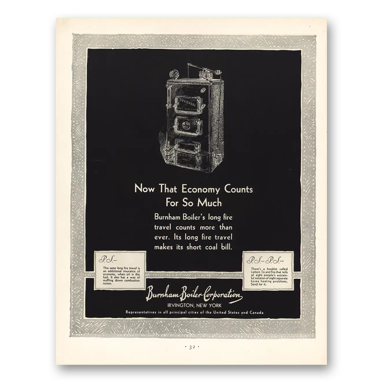 1930 Burnham Boiler Long Fire Travel Counts Vintage Magazine Print Ad