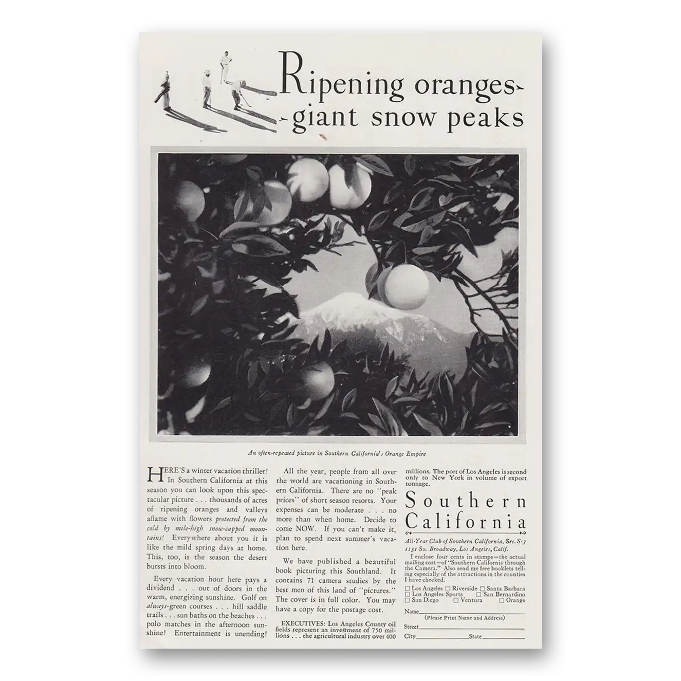 1930 Southern California Ripening Oranges Giant Snow Peaks Vintage Magazine Print Ad