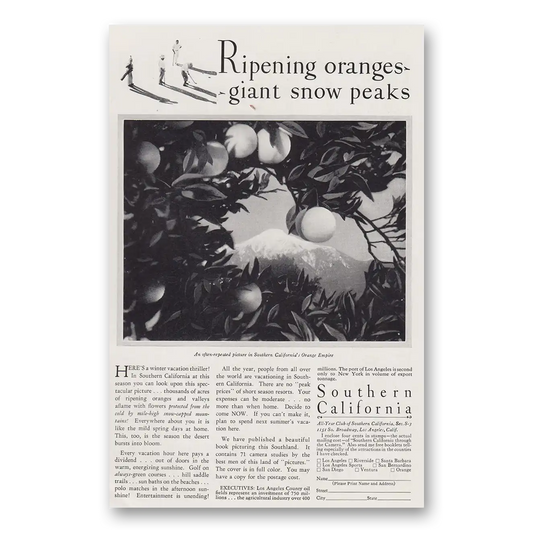 1930 Southern California Ripening Oranges Giant Snow Peaks Vintage Magazine Print Ad