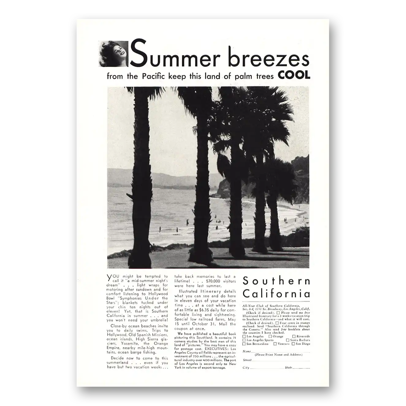 1930 Southern California Summer Breezes from the Pacific Vintage Magazine Print Ad