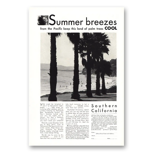 1930 Southern California Summer Breezes from the Pacific Vintage Magazine Print Ad