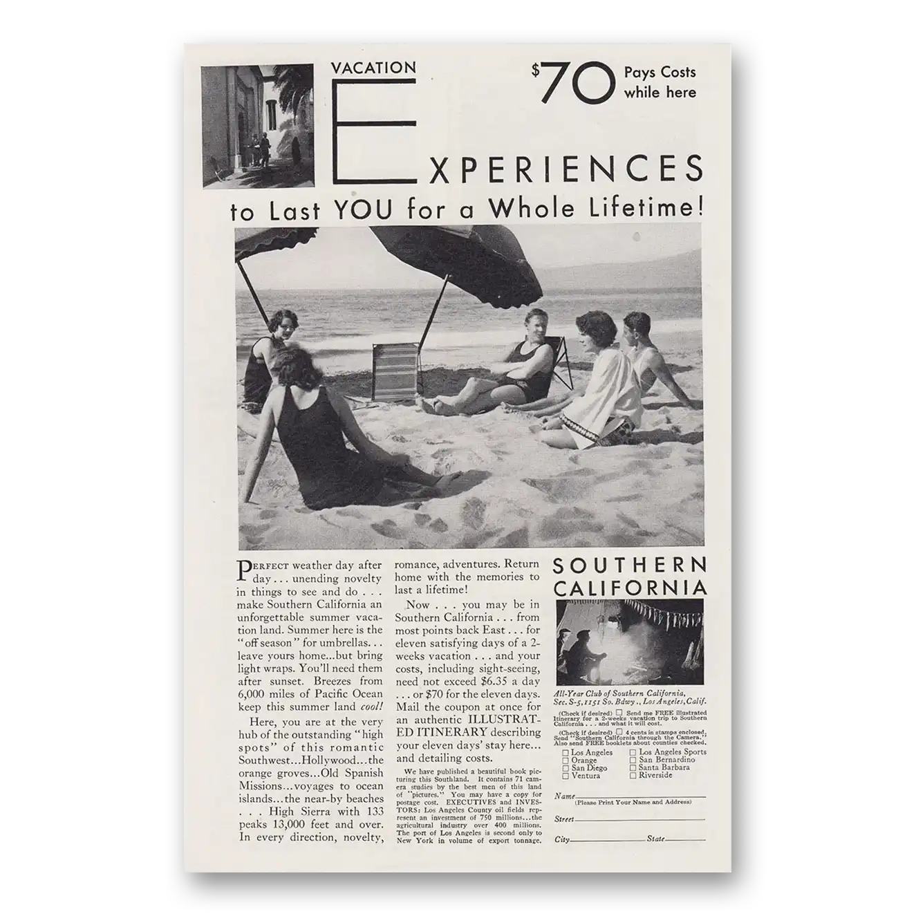 1930 Southern California Experiences to Last You For a Whole Lifetime Vintage Magazine Print Ad