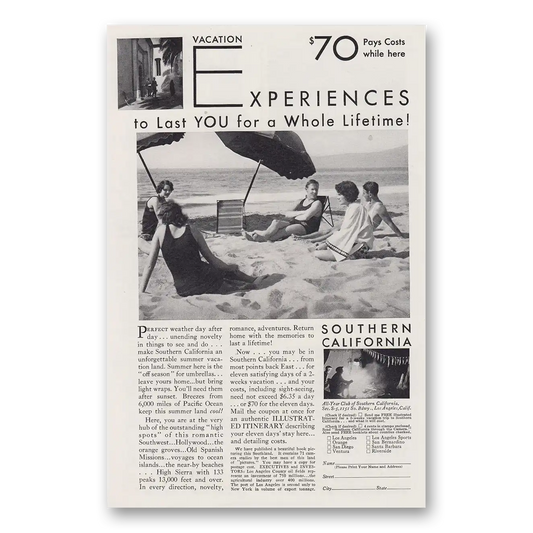 1930 Southern California Experiences to Last You For a Whole Lifetime Vintage Magazine Print Ad