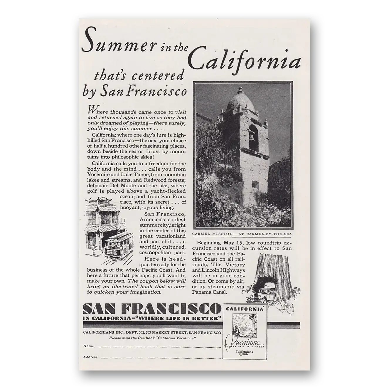 1930 San Francisco California Summer in the California Vintage Magazine Print Ad