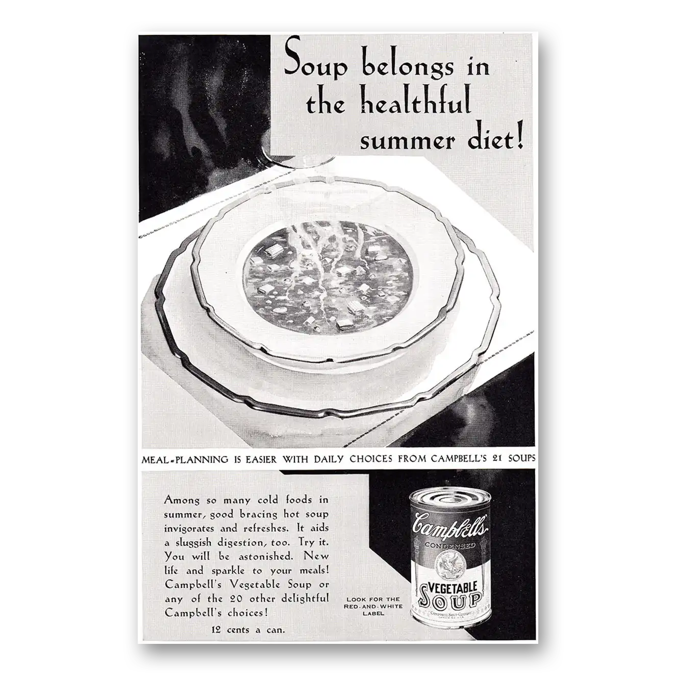 1930 Campbells Vegetable Soup Belongs in the Healthful Summer Diet Vintage Magazine Print Ad