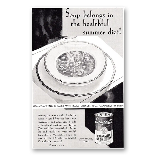 1930 Campbells Vegetable Soup Belongs in the Healthful Summer Diet Vintage Magazine Print Ad