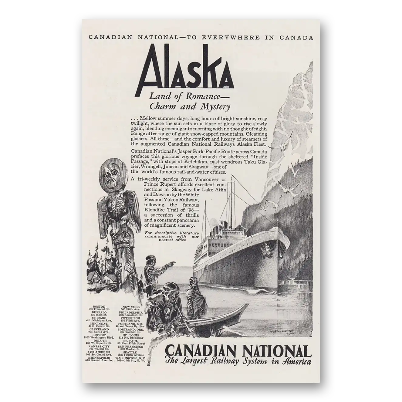 1930 Canadian National Railways Alaska Land of Romance Vintage Magazine Print Ad