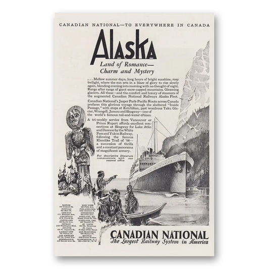 1930 Canadian National Railways Alaska Land of Romance Vintage Magazine Print Ad