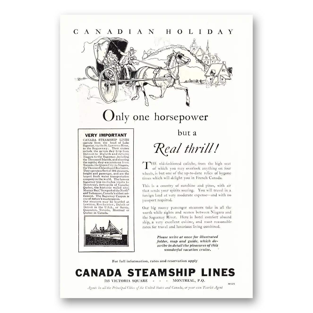 1930 Canada Steamship Lines Only One Horsepower But a Real Thrill Vintage Magazine Print Ad