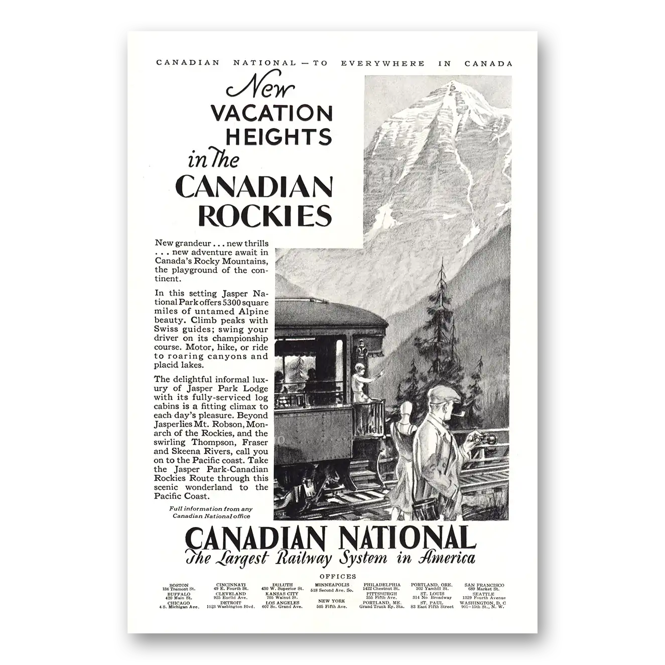 1930 Canadian National Railways Vacation Heights in the Canadian Rockies Vintage Magazine Print Ad