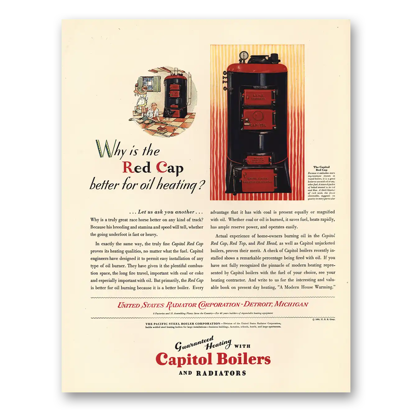 1930 Capitol Boilers Red Cap Better for Oil Heating Vintage Magazine Print Ad