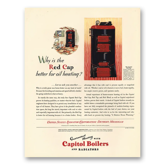 1930 Capitol Boilers Red Cap Better for Oil Heating Vintage Magazine Print Ad