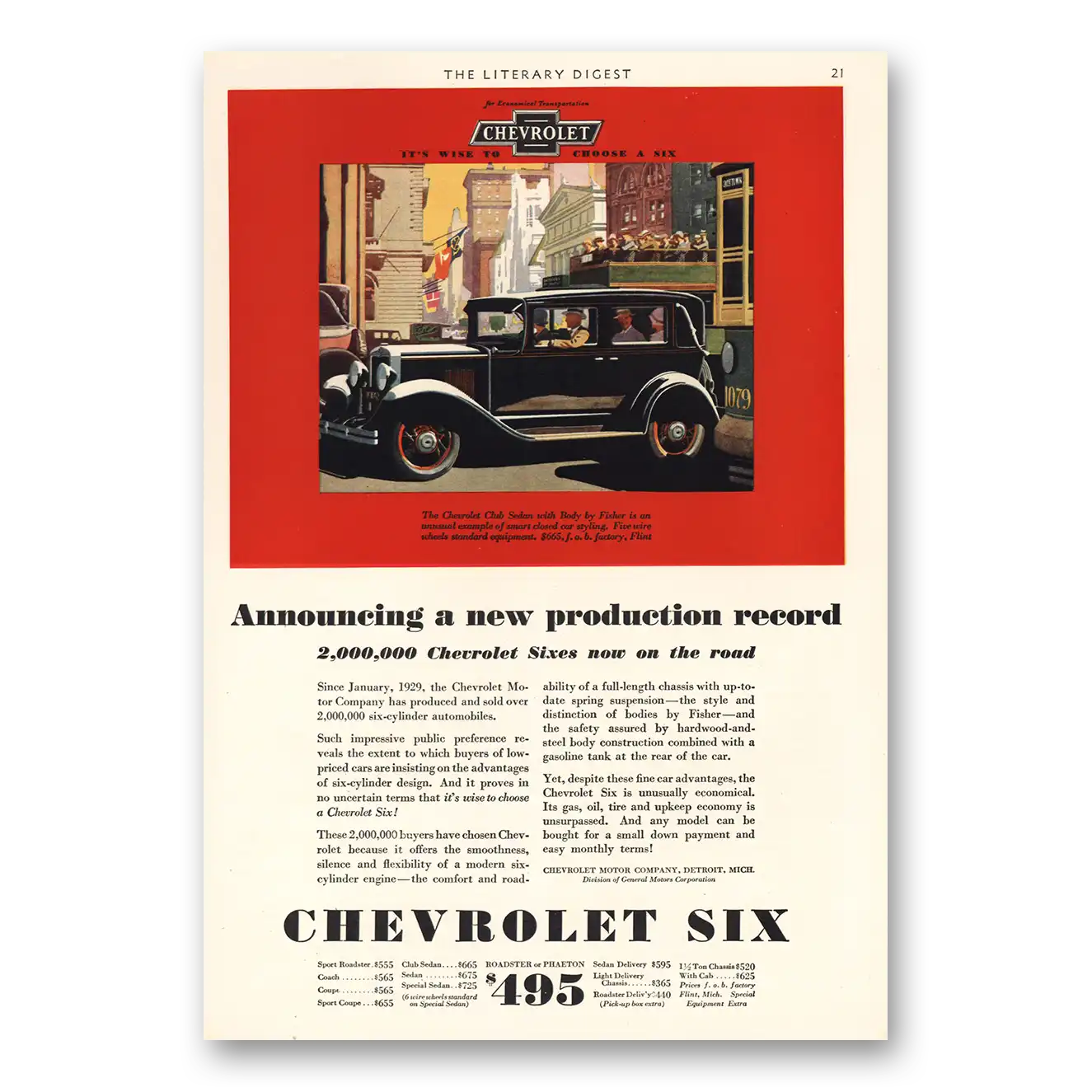 1930 Chevrolet Six Production Record Vintage Magazine Print Ad