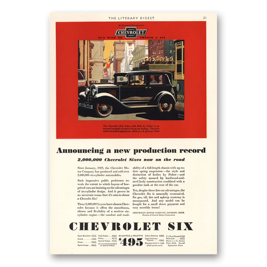 1930 Chevrolet Six Production Record Vintage Magazine Print Ad