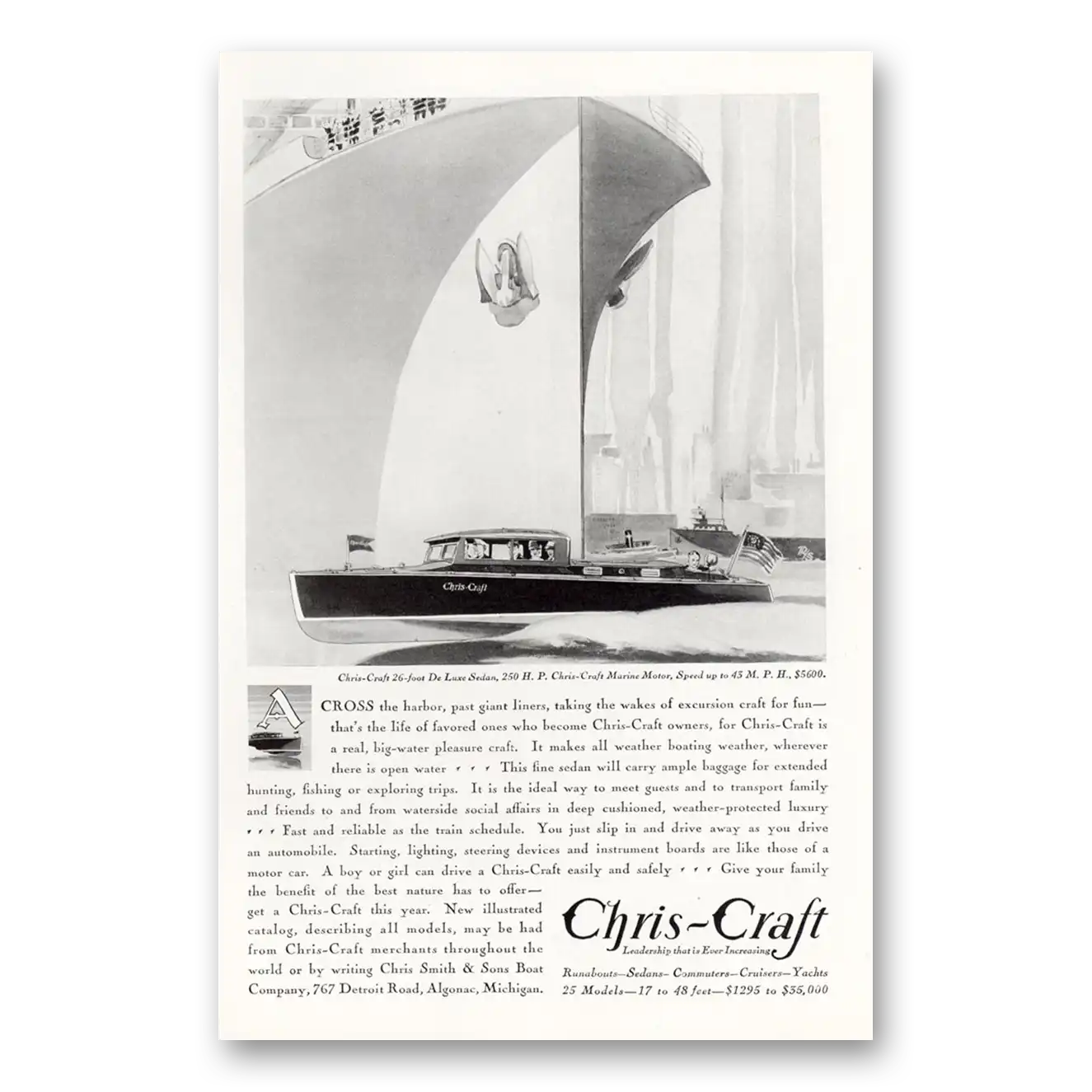 1930 Chris Craft Across the Harbor Past Giant Liners Vintage Magazine Print Ad