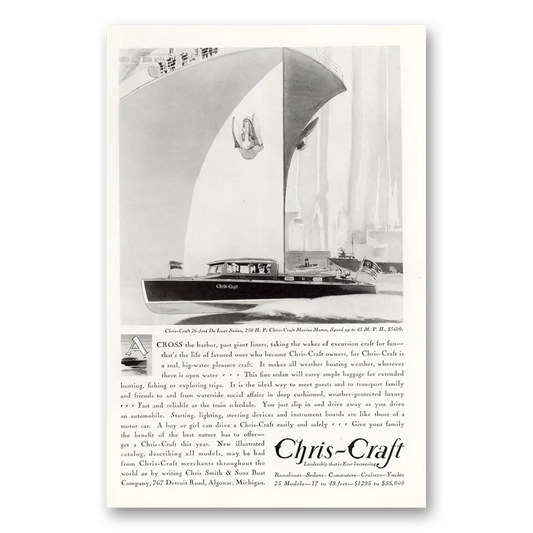 1930 Chris Craft Across the Harbor Past Giant Liners Vintage Magazine Print Ad