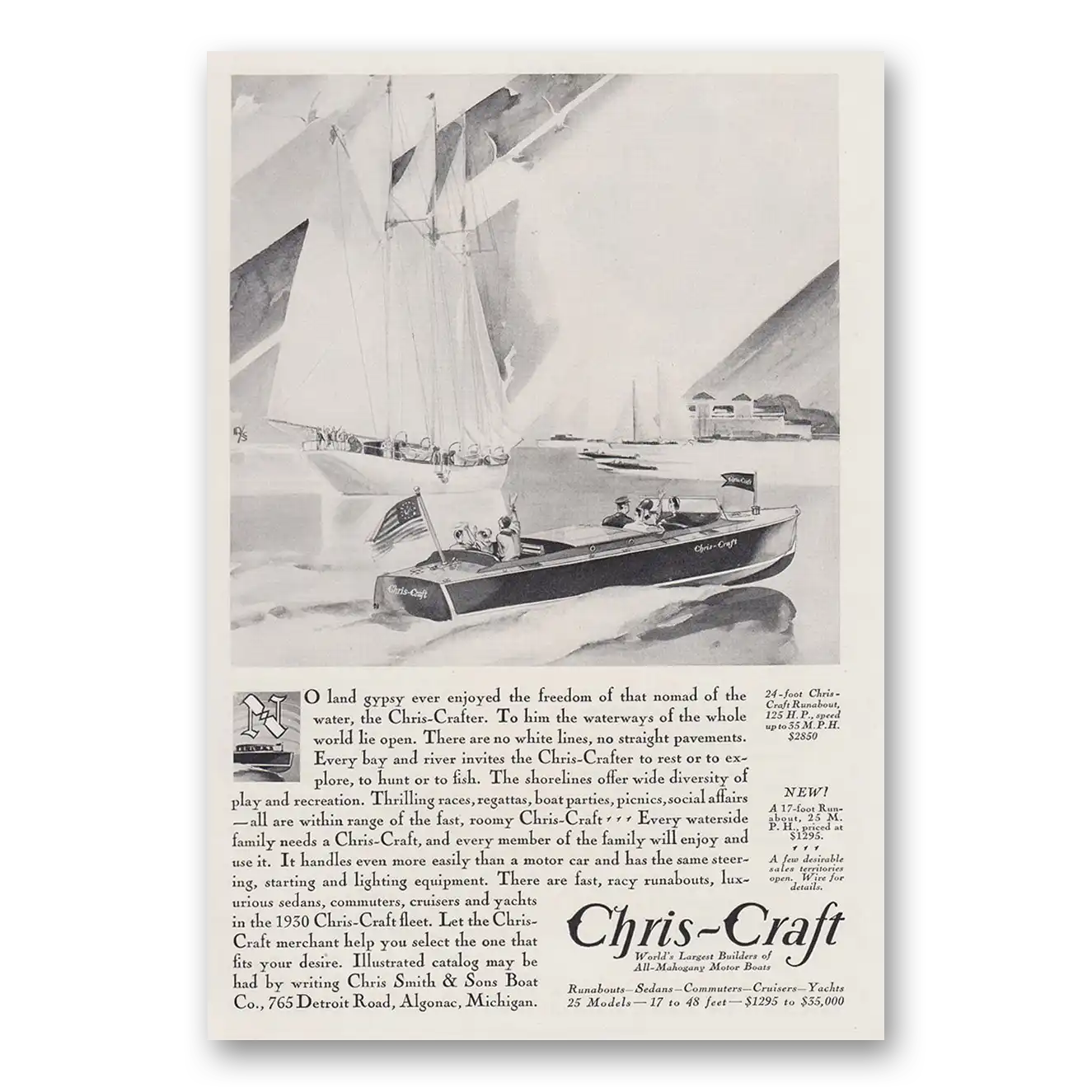 1930 Chris Craft No Land Gypsy Ever Enjoyed the Freedom Vintage Magazine Print Ad