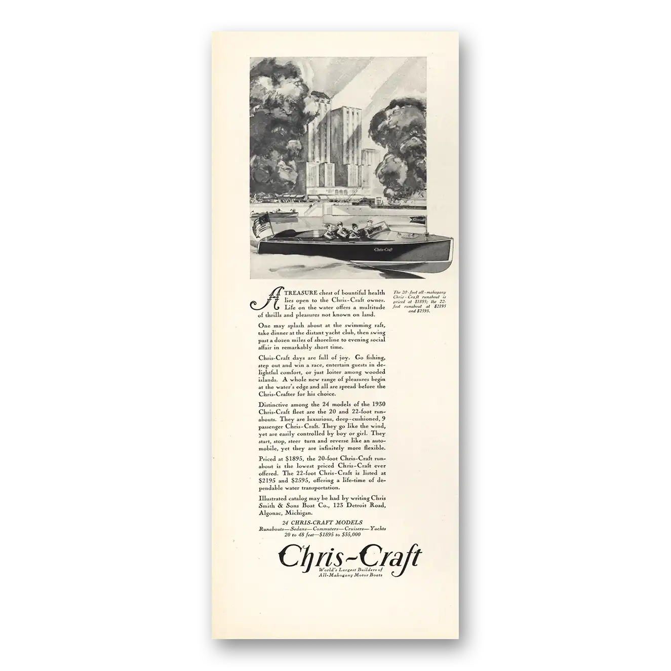 1930 Chris Craft Treasure Chest of Bountiful Health Vintage Magazine Print Ad