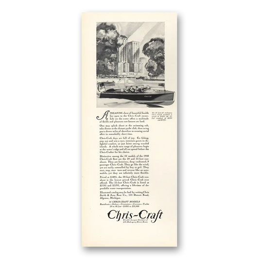 1930 Chris Craft Treasure Chest of Bountiful Health Vintage Magazine Print Ad