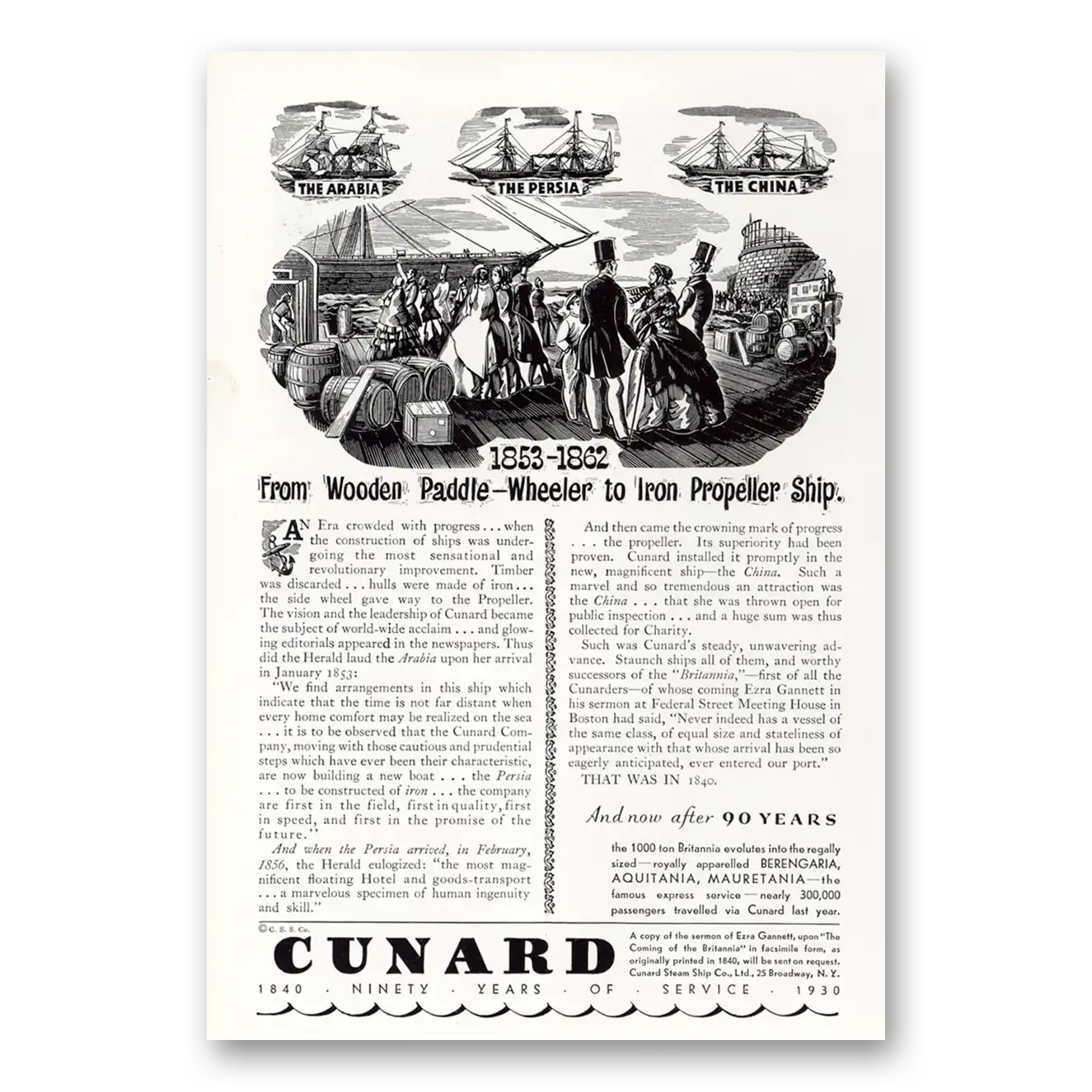 1930 Cunard From Wooden Paddle Wheeler to Iron Propeller Ship Vintage Magazine Print Ad