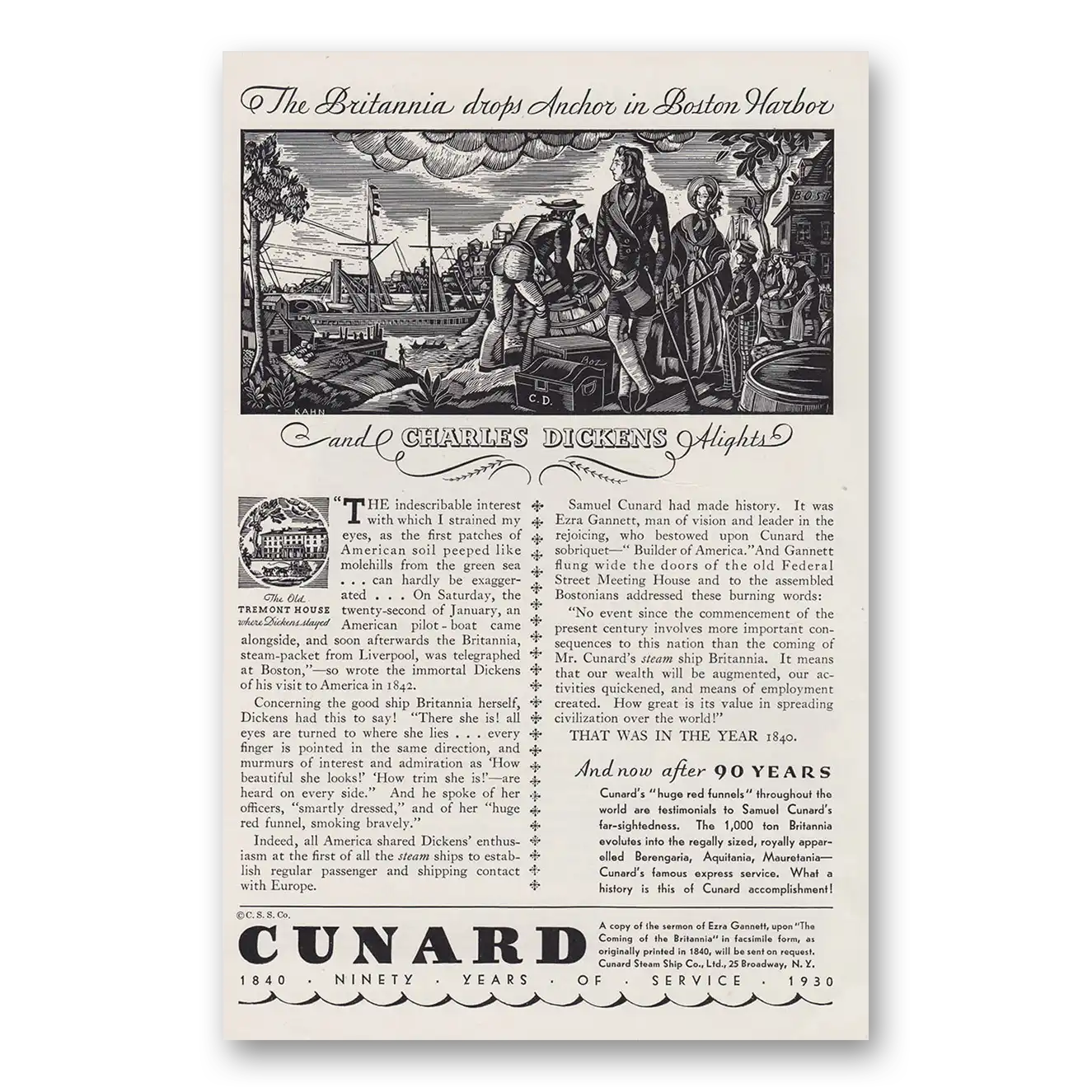 1930 Cunard Boston Harbor Charles Dicken Alights Vintage Magazine Print Ad