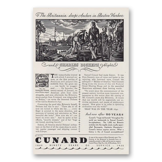 1930 Cunard Boston Harbor Charles Dicken Alights Vintage Magazine Print Ad