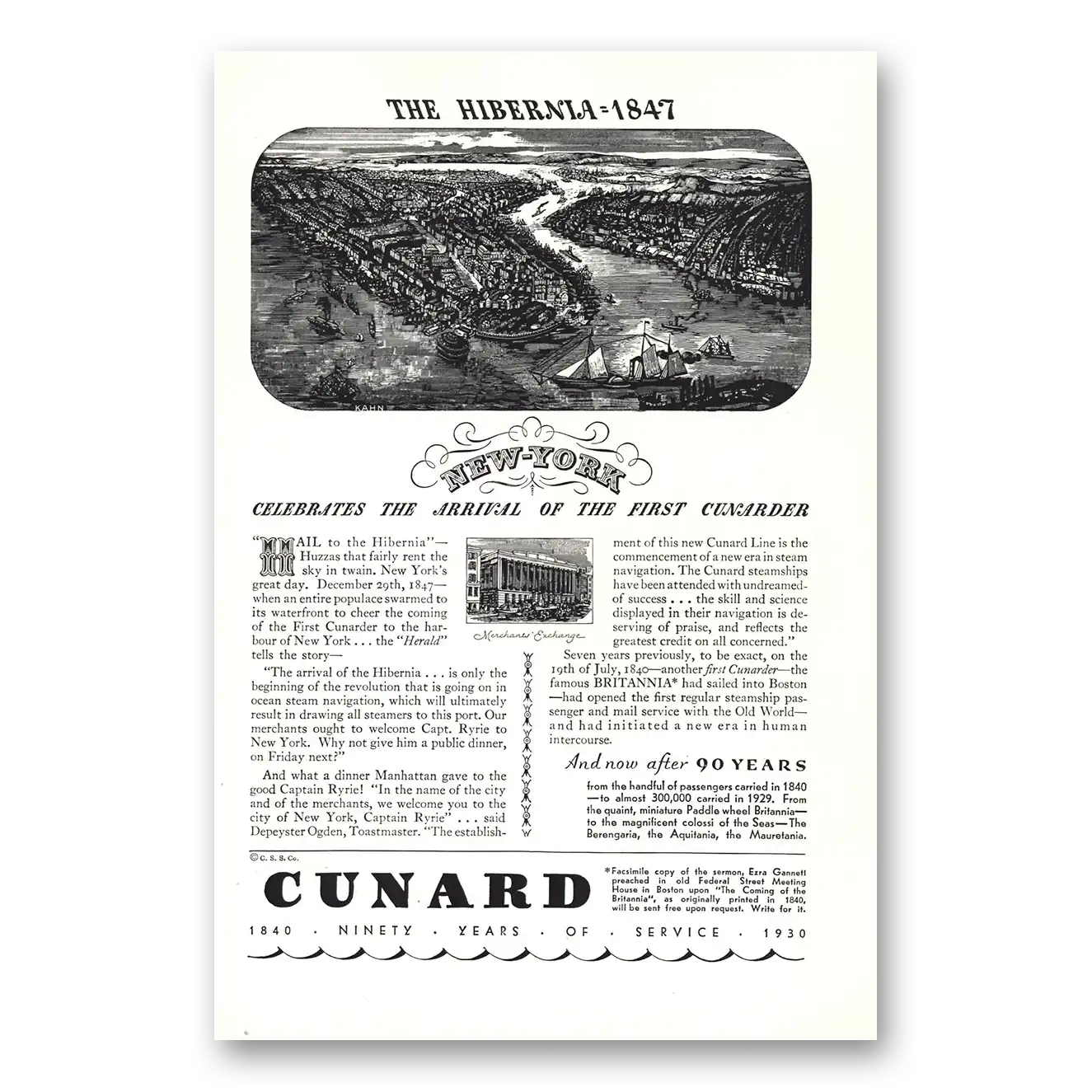 1930 Cunard Hibernia 1847 New York Vintage Magazine Print Ad