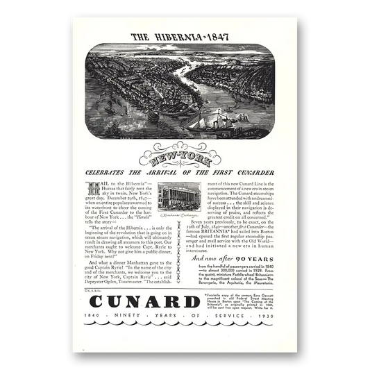 1930 Cunard Hibernia 1847 New York Vintage Magazine Print Ad