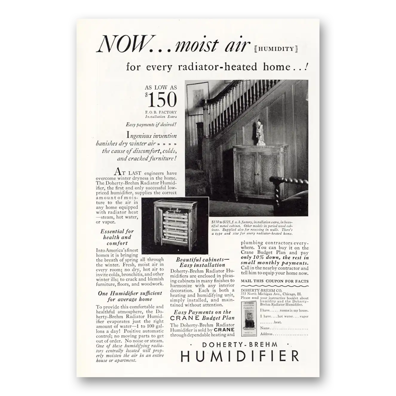 1930 Doherty Brehm Humidifier Moist Air Humidity Vintage Magazine Print Ad