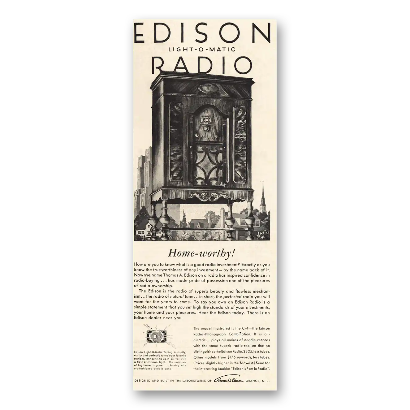 1930 Edison Radio Home Worthy Vintage Magazine Print Ad