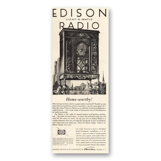 1930 Edison Radio Home Worthy Vintage Magazine Print Ad