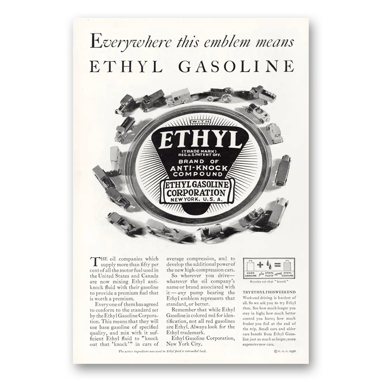 1930 Ethyl Gasoline Everywhere This Emblem Means Vintage Magazine Print Ad