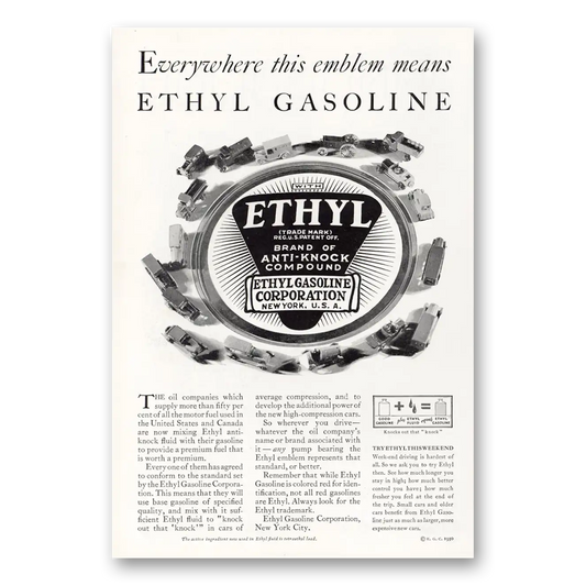 1930 Ethyl Gasoline Everywhere This Emblem Means Vintage Magazine Print Ad