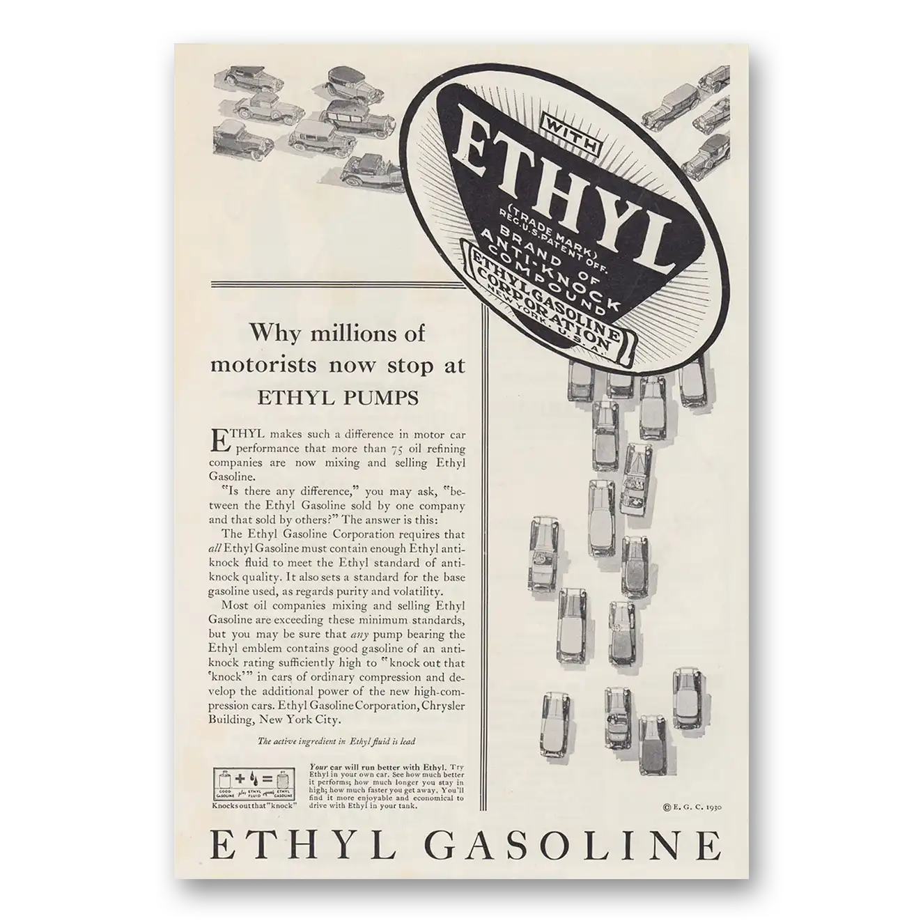 1930 Ethyl Gasoline Millions of Motorists Now Stop at Ethyl Pumps Vintage Magazine Print Ad