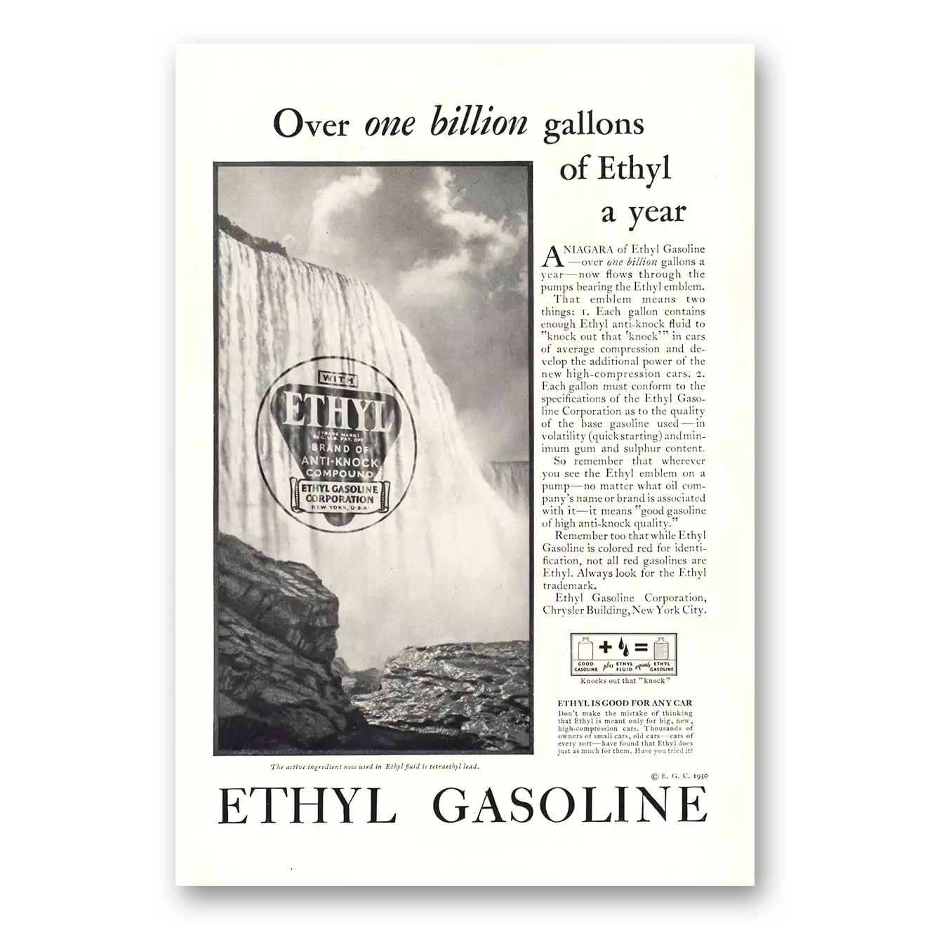 1930 Ethyl Gasoline One Billion Gallons Vintage Magazine Print Ad