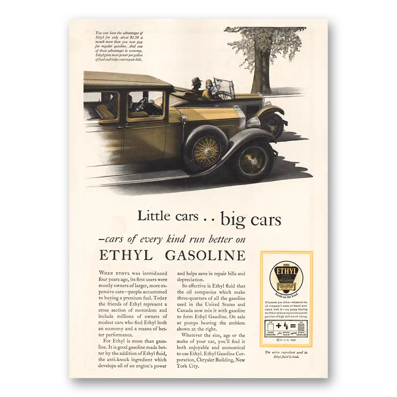 1930 Ethyl Corporation Little Cars Big Cars Vintage Magazine Print Ad