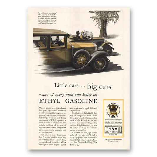 1930 Ethyl Corporation Little Cars Big Cars Vintage Magazine Print Ad