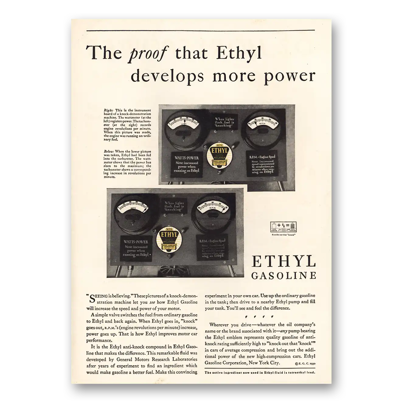 1930 Ethyl Gasoline Develops More Power Vintage Magazine Print Ad