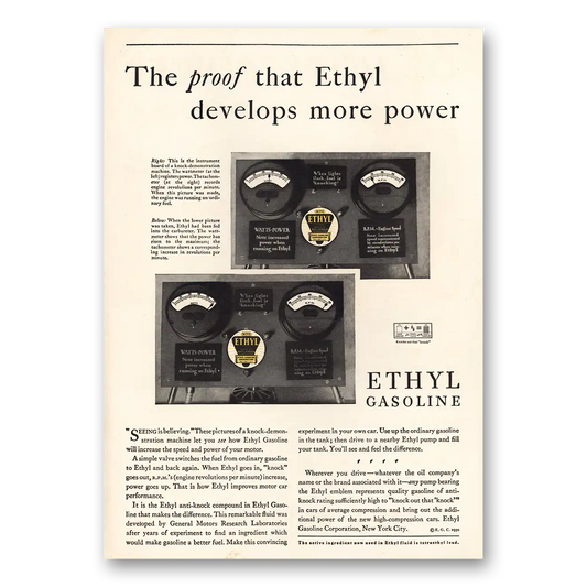 1930 Ethyl Gasoline Develops More Power Vintage Magazine Print Ad