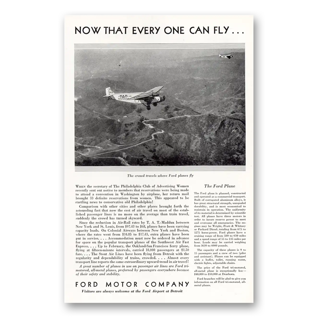 1930 Ford Aviation Now That Every One Can Fly Vintage Magazine Print Ad