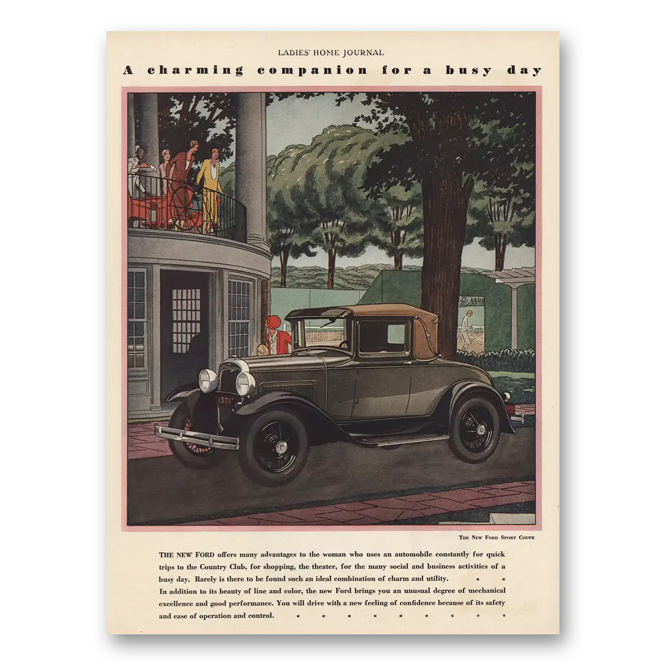 1930 Ford Sport Coupe Charming Companion Busy Day Vintage Magazine Print Ad