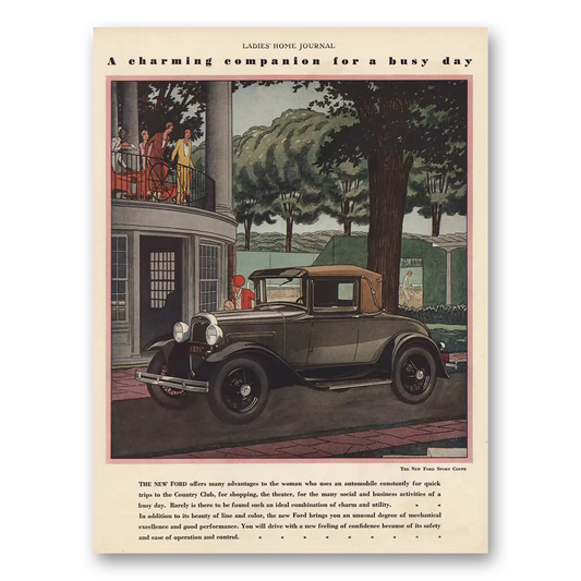 1930 Ford Sport Coupe Charming Companion Busy Day Vintage Magazine Print Ad