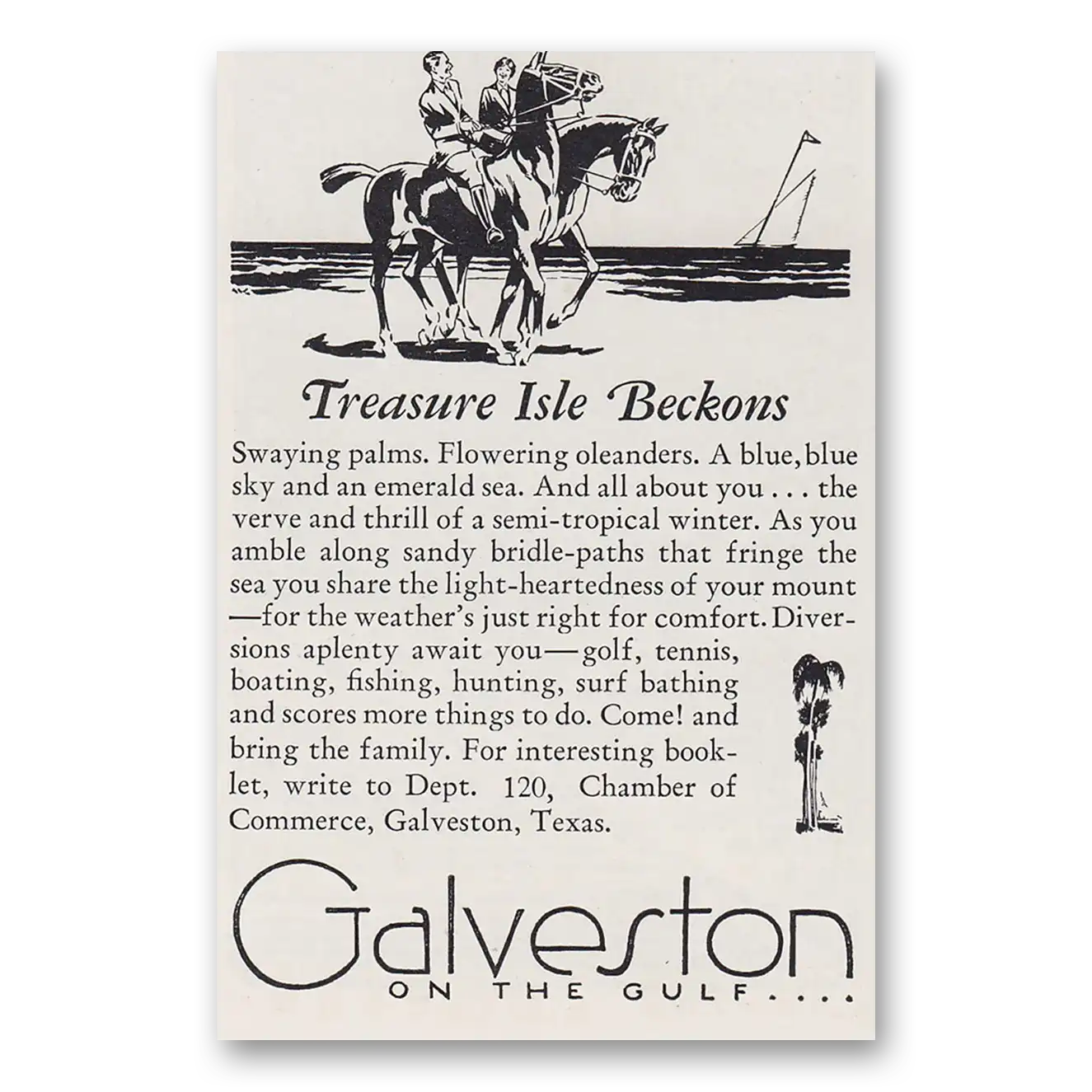 1930 Galveston Texas Treasure Isle Beckons Vintage Magazine Print Ad