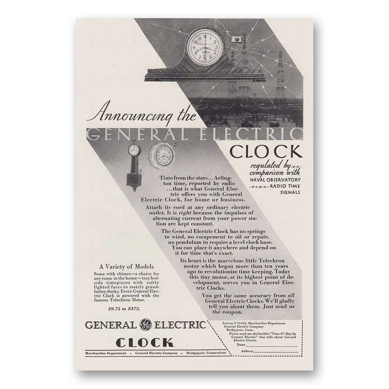 1930 General Electric Clocks Announcing the General Electric Clock Naval Observatory Vintage Magazine Print Ad